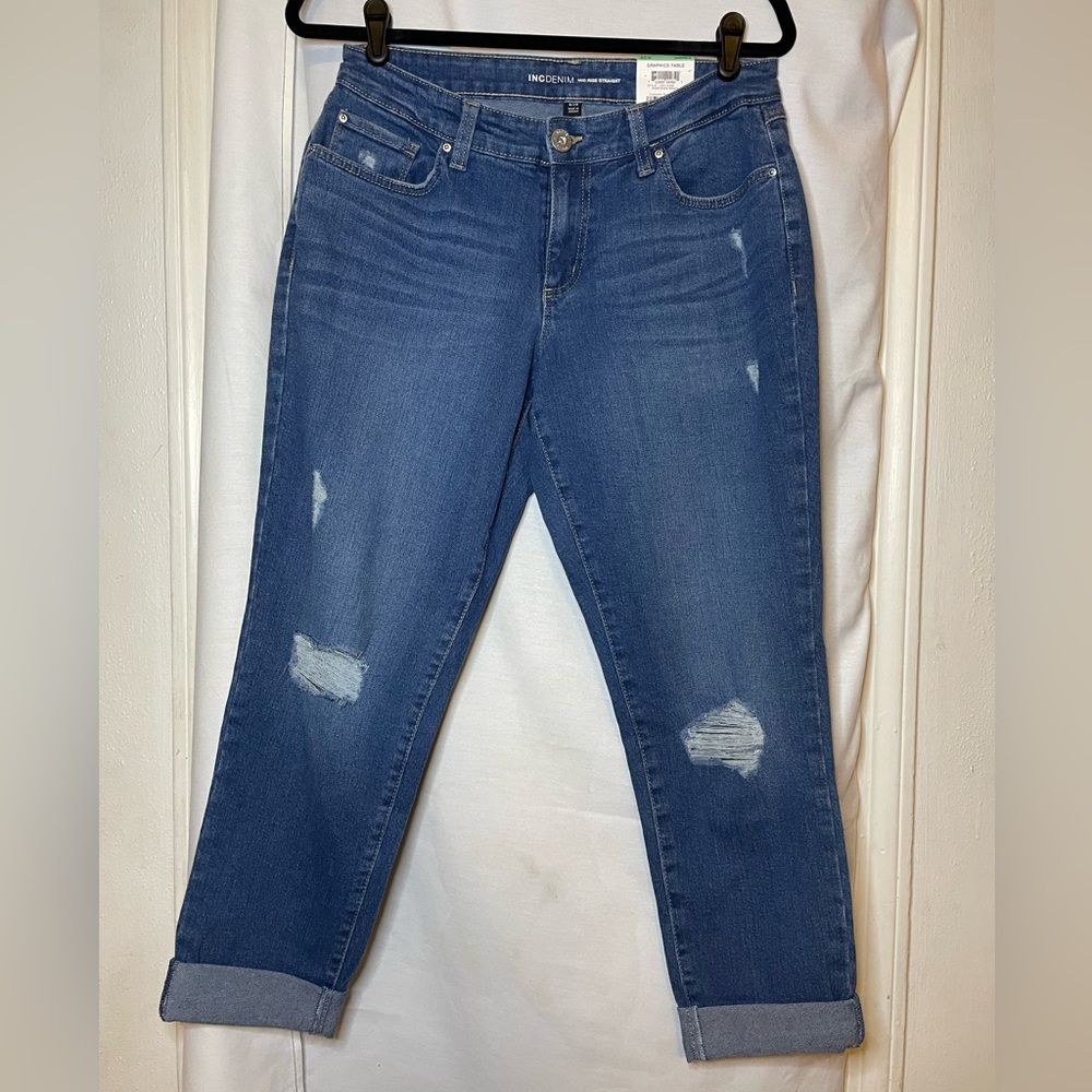 NWT INC International Concepts Denim Mid Rise Straight Curvy w Cuffed Leg Size 8